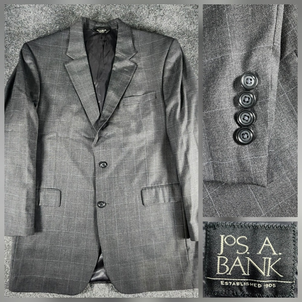 JOS A BANK Men's Blazer 44L Wool Dark‎ Gray Windowpane Sport Coat Suit Jacket